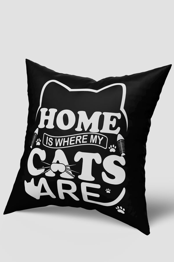 Siyah Beyaz Home Yazılı Kedi Desenli Kırlent Kılıfı
