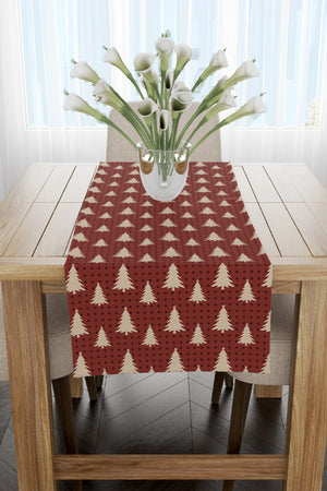 Noel Temalı Bej Çam Ağacı Desenli Yılbaşı Runner 40x140