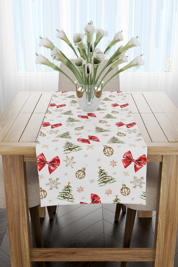Kırmızı Fiyonk ve Çam Ağacı Desenli Yılbaşı Runner 40x140