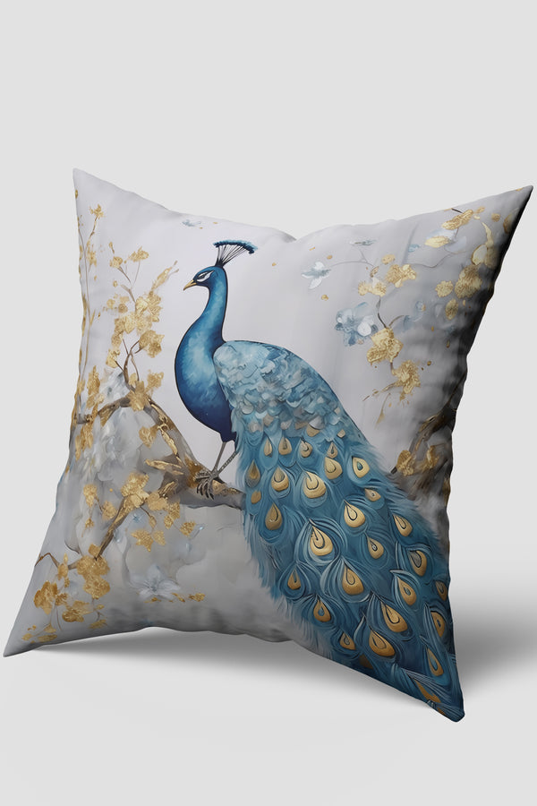 Blue Tropical Peacock Patterned 4-Piece Cushion Cover and Runner Set