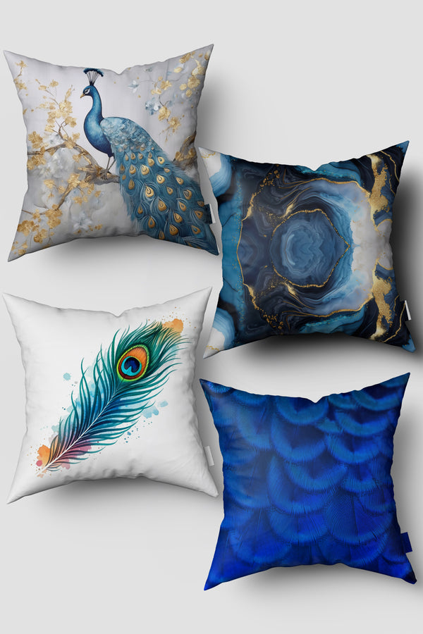 Blue Tropical Peacock Feather Patterned 4-Piece Cushion Cover Set