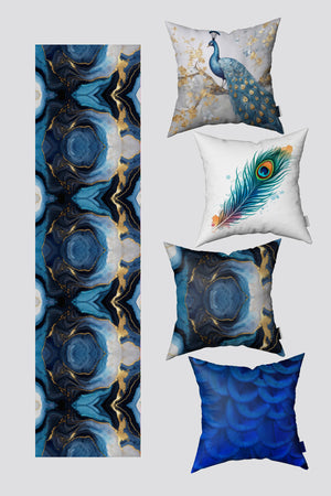 Blue Tropical Peacock Feather Patterned 4-Piece Cushion Cover and Runner Set