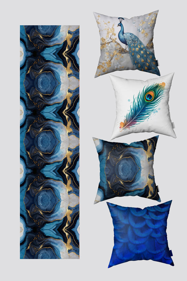 Blue Tropical Peacock Feather Patterned 4-Piece Cushion Cover and Runner Set