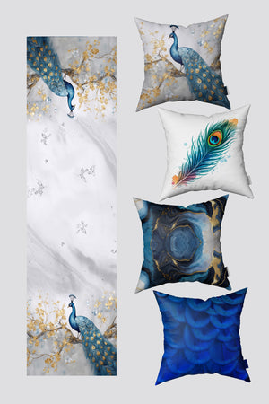 Blue Tropical Peacock Patterned 4-Piece Cushion Cover and Runner Set