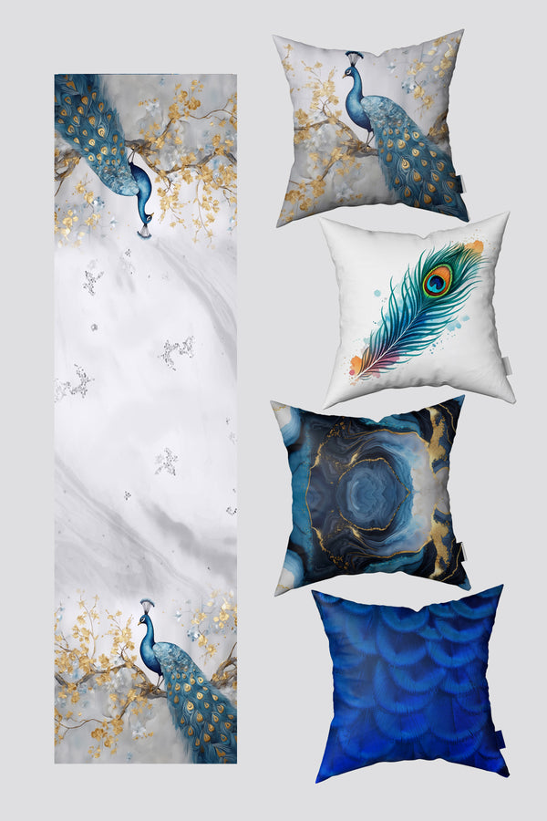 Blue Tropical Peacock Patterned 4-Piece Cushion Cover and Runner Set