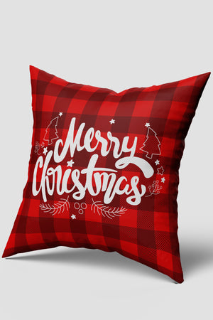 Kırmızı Kare Desenli Merry Christmas Yazılı Yılbaşı Kırlent Kılıfı