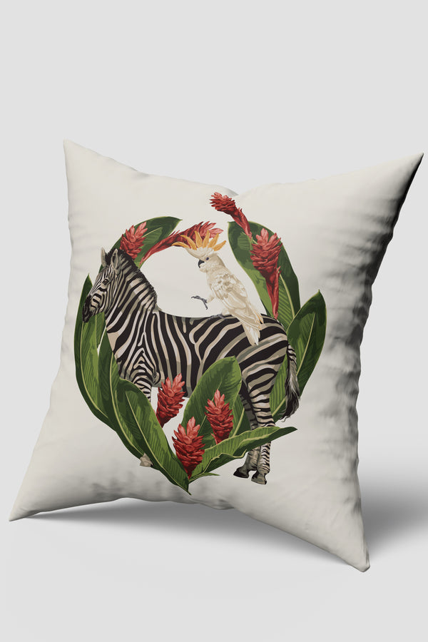 Zebra Papağan Egzotik Yaprak Desenli Kırlent Kılıfı