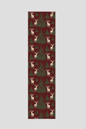 Bordo Çam Ağacı ve Geyik Desenli Runner 40x140