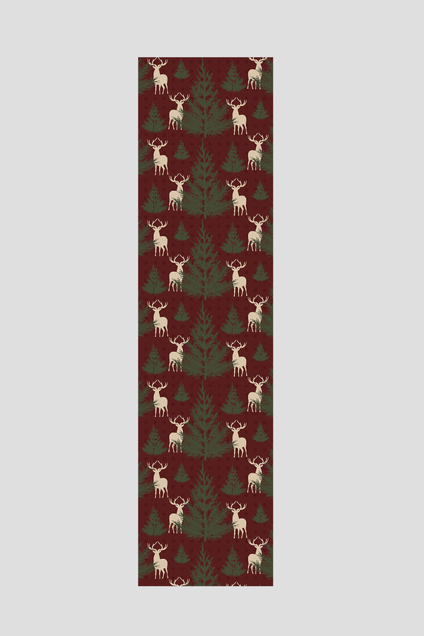 Bordo Çam Ağacı ve Geyik Desenli Runner 40x140