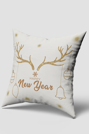 Beyaz Ren Geyiği Boynuzu Desenli Happy New Year Yazılı Yılbaşı Kırlent Kılıfı