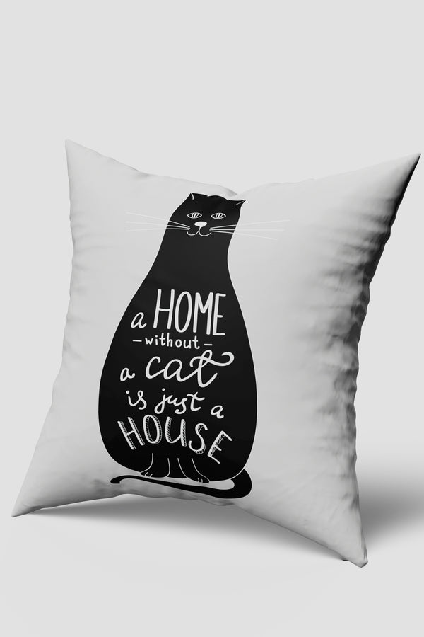 Siyah Beyaz Home Yazılı Kedi Figürlü Kırlent Kılıfı
