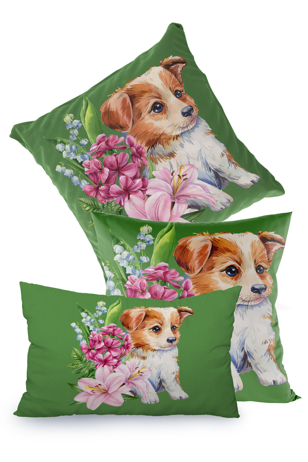 Yeşil Sevimli Köpek Desenli Kırlent Kılıfı