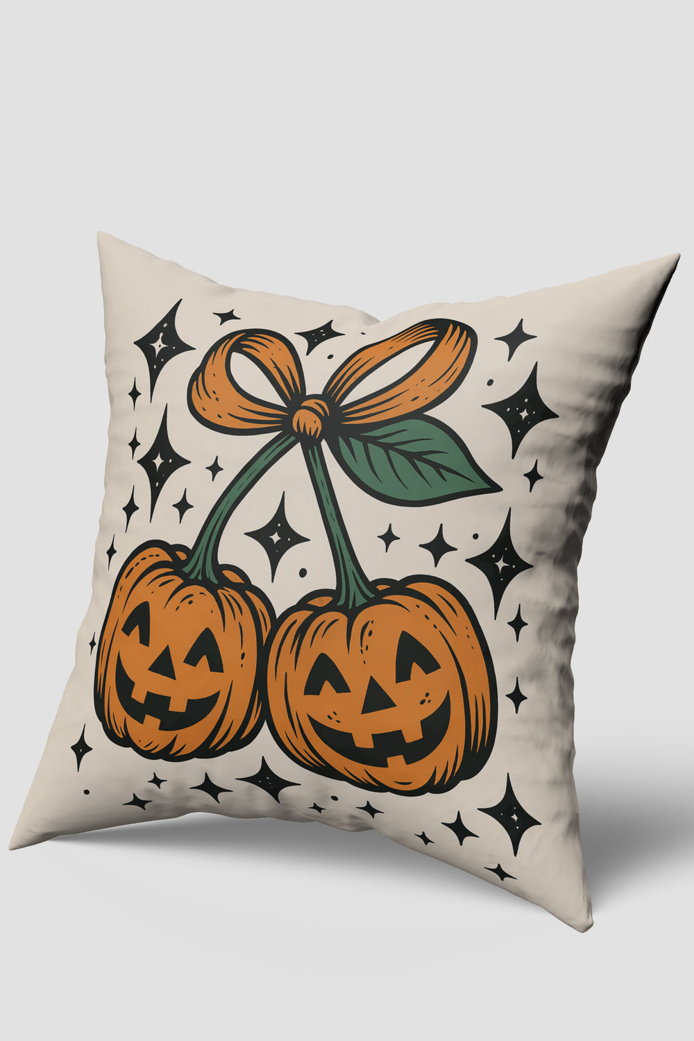 Krem Sevimli Balkabağı Desenli Halloween Temalı Cadılar Bayramı Kırlent Kılıfı