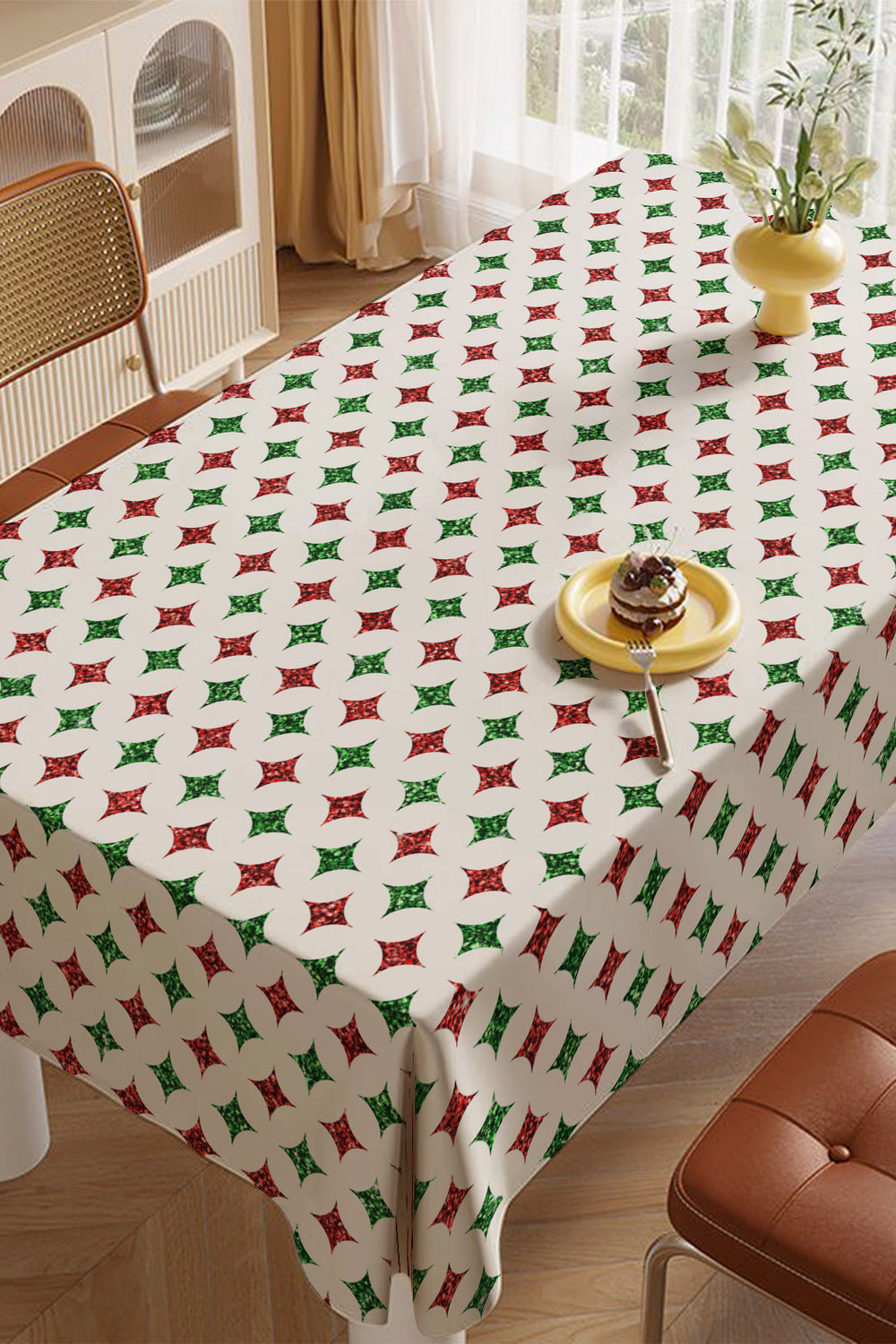 Yeşil Kırmızı Simli Dört Köşeli Yıldız Desenli Yılbaşı Masa Örtüsü