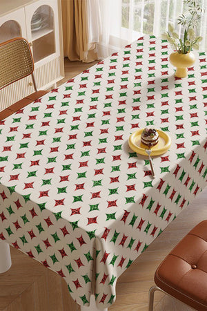 Yeşil Kırmızı Simli Dört Köşeli Yıldız Desenli Yılbaşı Masa Örtüsü