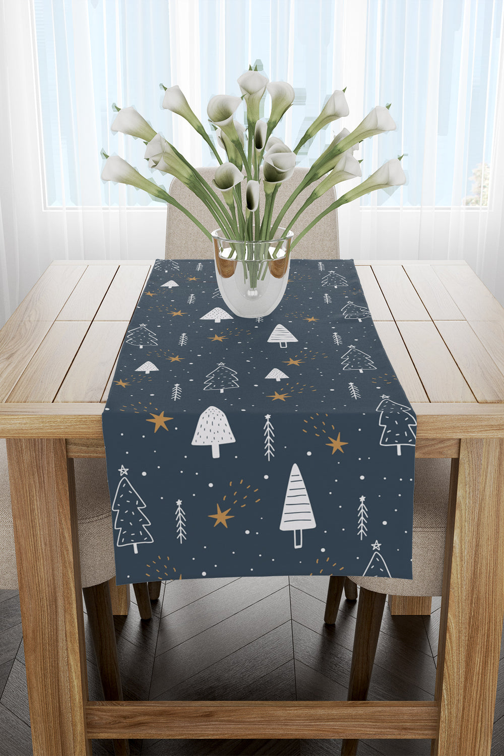 Lacivert Çam Ağacı Ve Yıldız Desenli Yılbaşı Runner 40x140