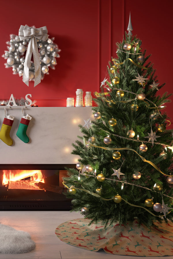 Yeşil Kırmızı Geyik Desenli Yılbaşı Çam Ağacı Örtüsü