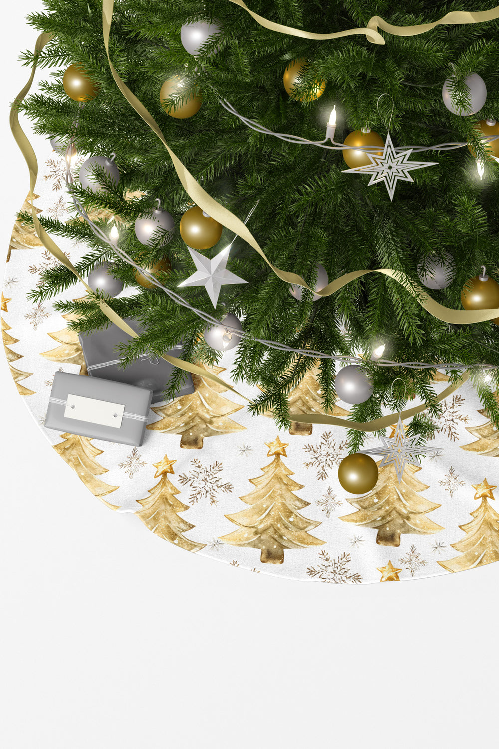 Beyaz Işıltılı Sarı Çam Ağacı ve Kar Taneleri Desenli Yılbaşı Çam Ağacı Örtüsü