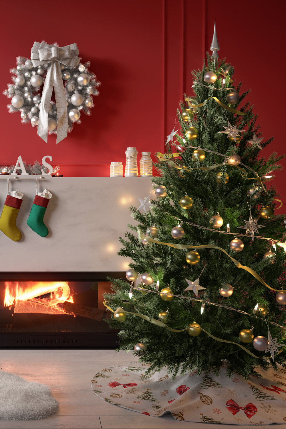 Kırmızı Fiyonk ve Çam Ağacı Desenli Yılbaşı Çam Ağacı Örtüsü