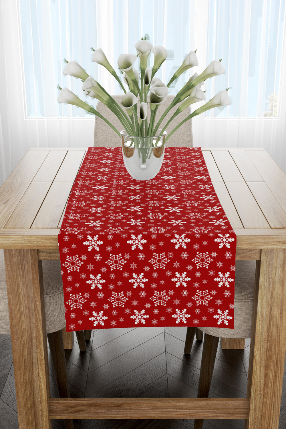Kırmızı Beyaz Kar Taneleri Yılbaşı Runner 40x140
