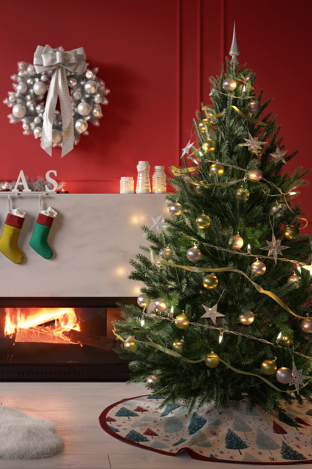 Yeşil Kırmızı Çam Ağacı Desenli Yılbaşı Çam Ağacı Örtüsü