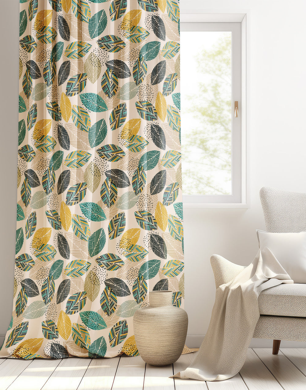 Yeşil Sarı Yaprak Desenli Modern Fon Perde