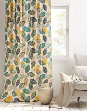 Yeşil Sarı Yaprak Desenli Modern Fon Perde