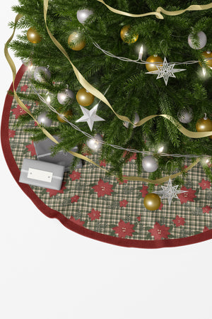 Yeşil Ekose Poinsettia Çiçek Desenli Yılbaşı Çam Ağacı Örtüsü