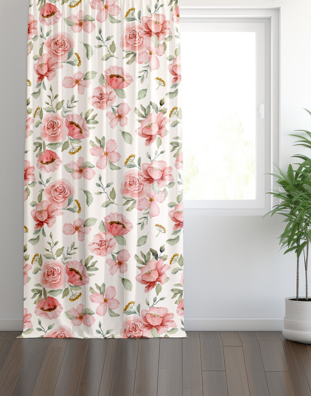 Pembe Çiçek Desenli Modern Fon Perde
