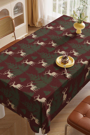 Bordo Çam Ağacı ve Geyik Desenli Yılbaşı Masa Örtüsü