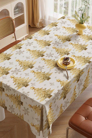 Beyaz Işıltılı Sarı Çam Ağacı ve Kar Taneleri Desenli Yılbaşı Masa Örtüsü
