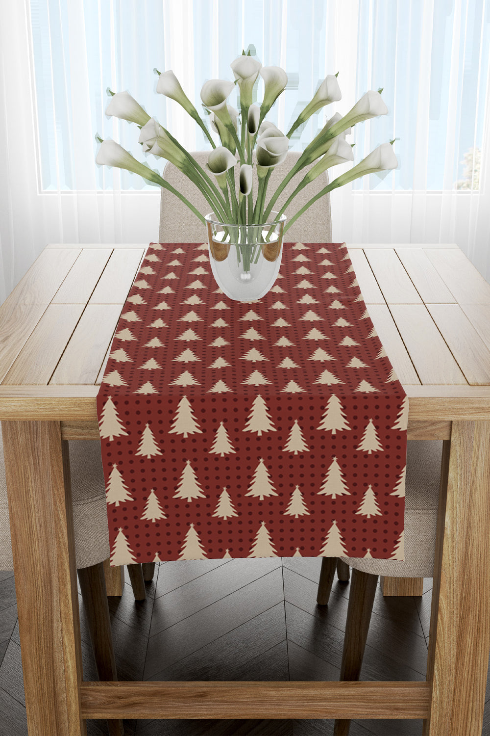 Noel Temalı Bej Çam Ağacı Desenli Yılbaşı Runner 40x140