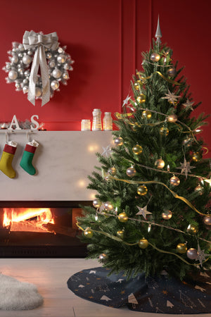 Lacivert Çam Ağacı Ve Yıldız Desenli Yılbaşı Çam Ağacı Örtüsü