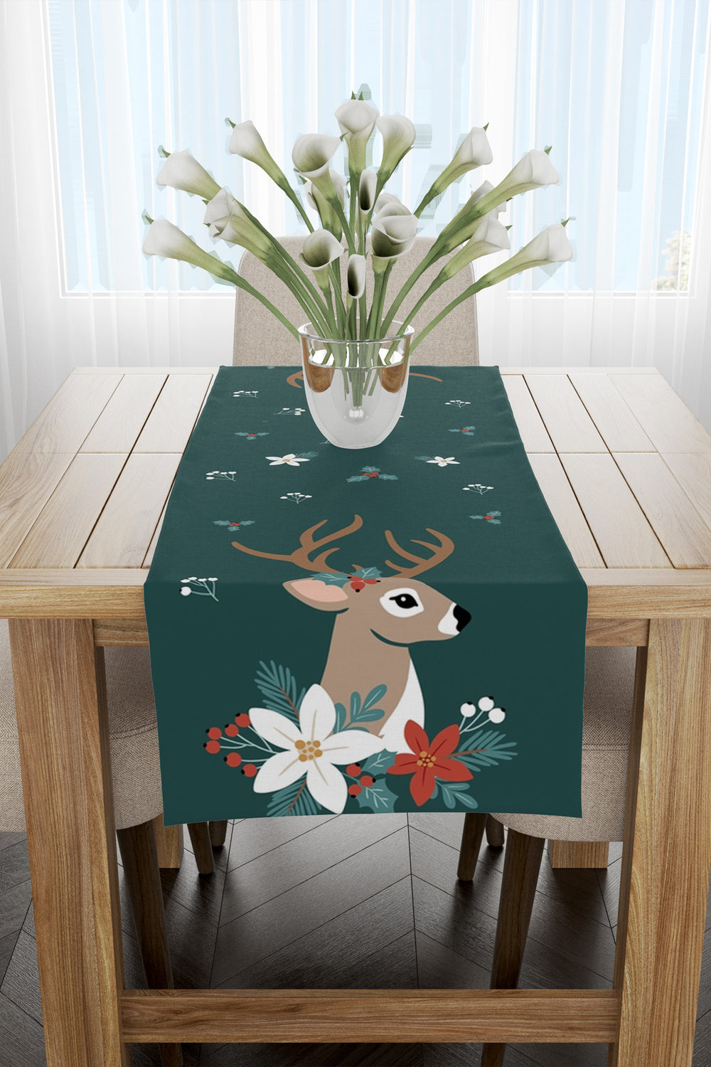 Yeşil Geyik Desenli Yılbaşı Runner 40x140