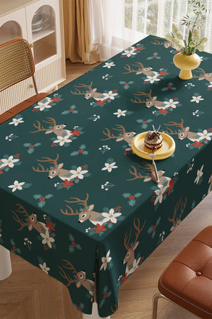 Yeşil Geyik Desenli Yılbaşı Masa Örtüsü