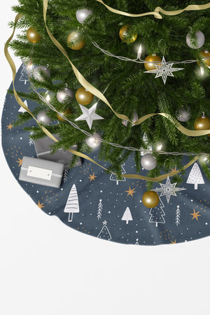 Lacivert Çam Ağacı Ve Yıldız Desenli Yılbaşı Çam Ağacı Örtüsü
