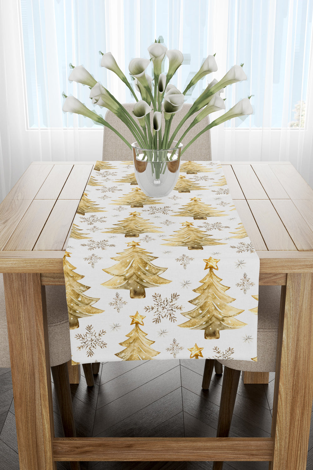 Beyaz Işıltılı Sarı Çam Ağacı ve Kar Taneleri Desenli Yılbaşı Runner 40x140