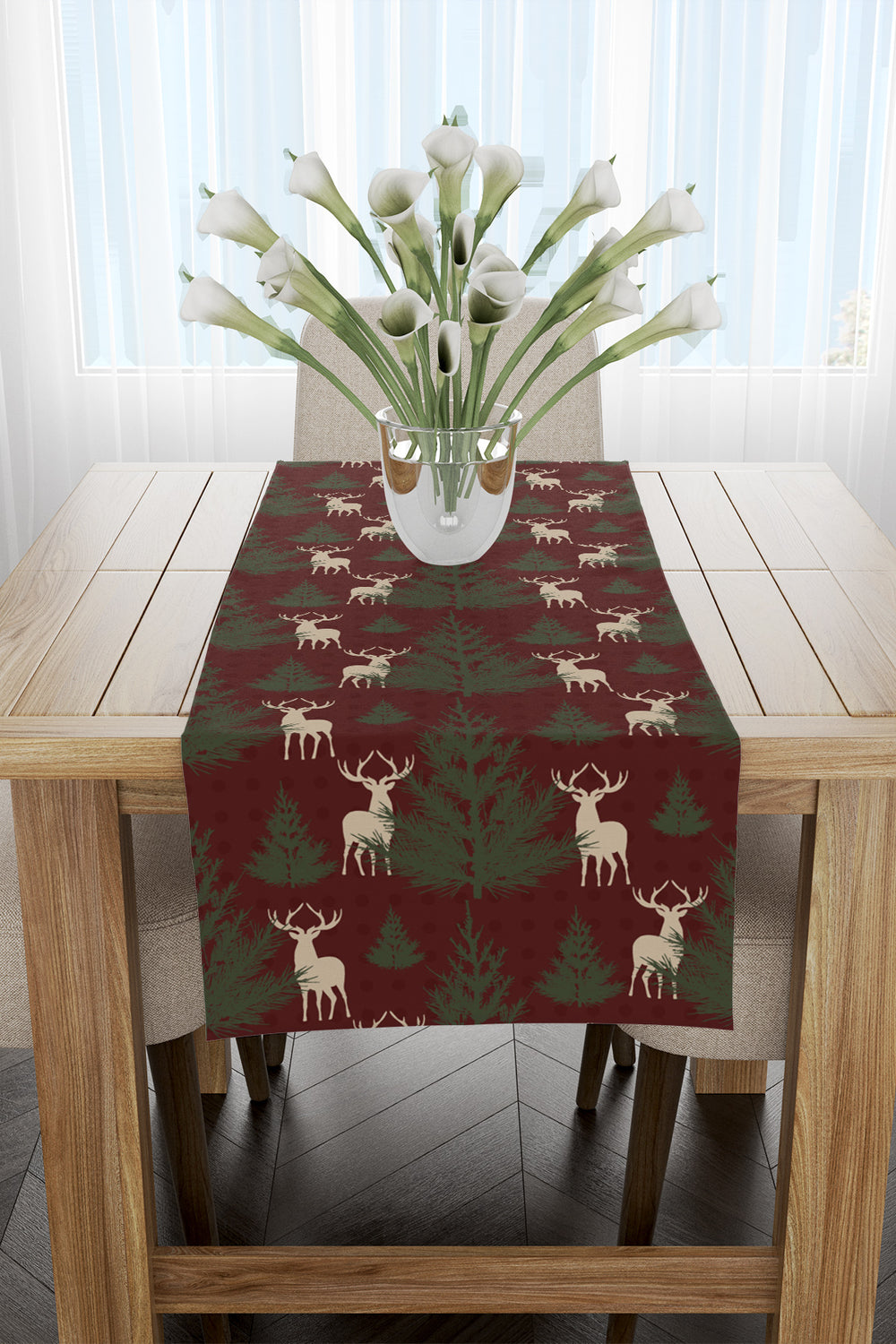 Bordo Çam Ağacı ve Geyik Desenli Runner 40x140