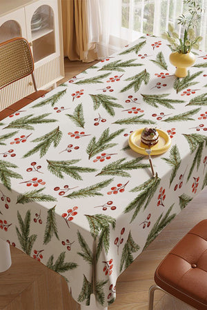 Beyaz Çam Ağacı Dalları ve Kırmızı Meyve Desenli Yılbaşı Masa Örtüsü