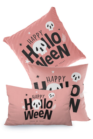 Pembe Happy Halloween Temalı Cadılar Bayramı Kırlent Kılıfı