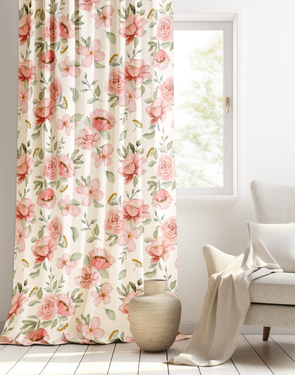 Pembe Çiçek Desenli Modern Fon Perde