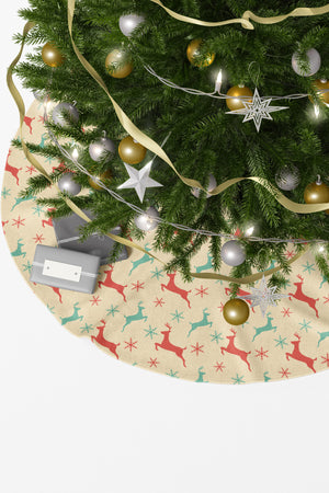 Yeşil Kırmızı Geyik Desenli Yılbaşı Çam Ağacı Örtüsü