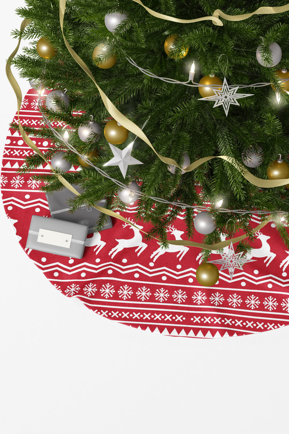 Kırmızı Beyaz Geyik Desenli Yılbaşı Çam Ağacı Örtüsü