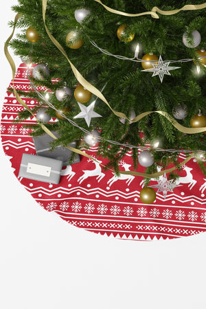 Kırmızı Beyaz Geyik Desenli Yılbaşı Çam Ağacı Örtüsü