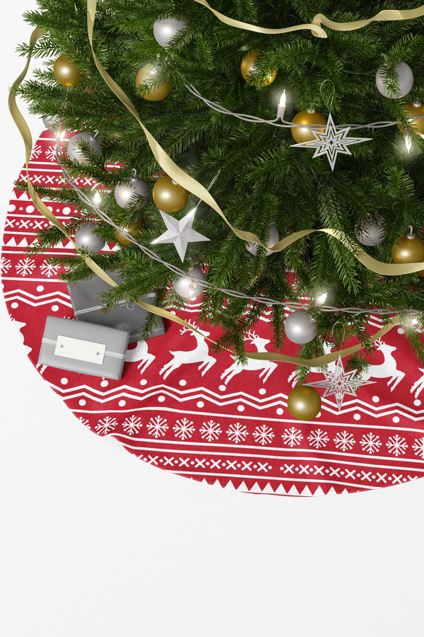 Kırmızı Beyaz Geyik Desenli Yılbaşı Çam Ağacı Örtüsü