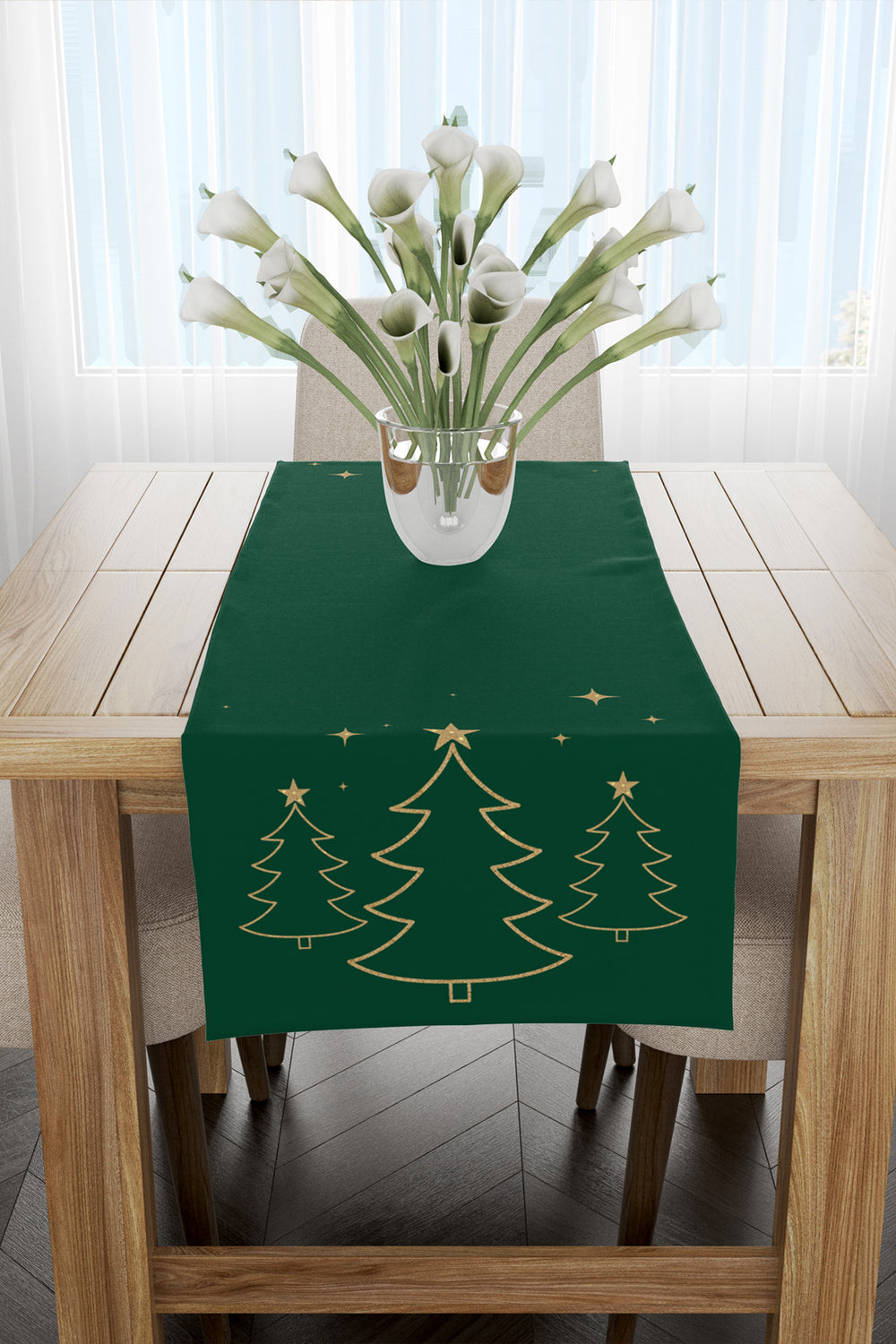 Yeşil Altın Rengi Çam Ağacı Desenli Yılbaşı Runner 40x140