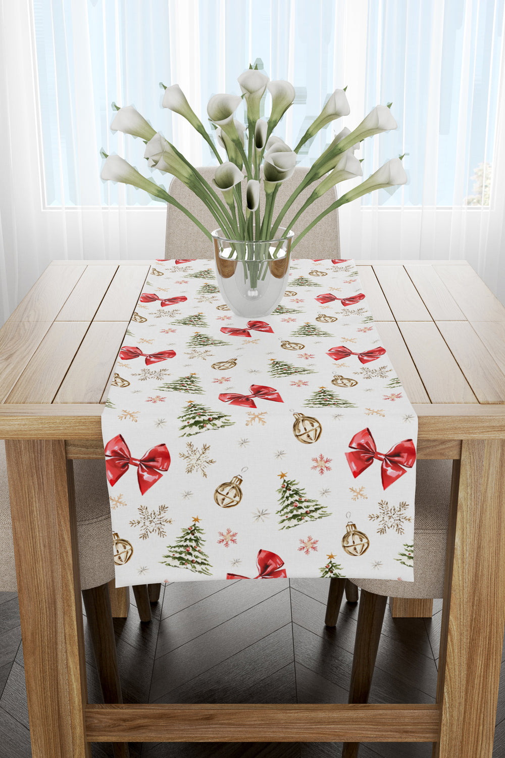 Kırmızı Fiyonk ve Çam Ağacı Desenli Yılbaşı Runner 40x140