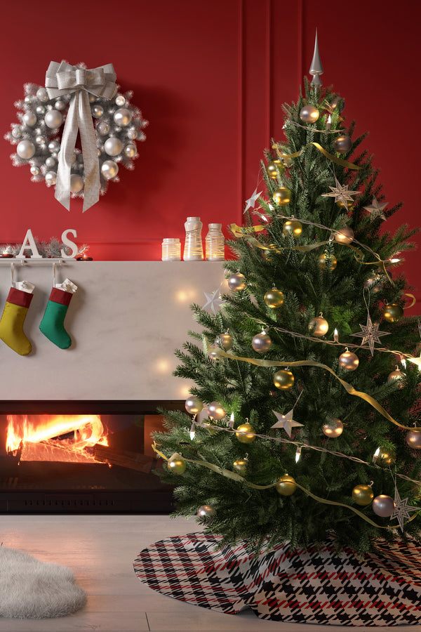 Beyaz Houndstooth Desen Yılbaşı Çam Ağacı Örtüsü