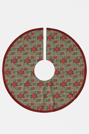 Yeşil Ekose Poinsettia Çiçek Desenli Yılbaşı Çam Ağacı Örtüsü