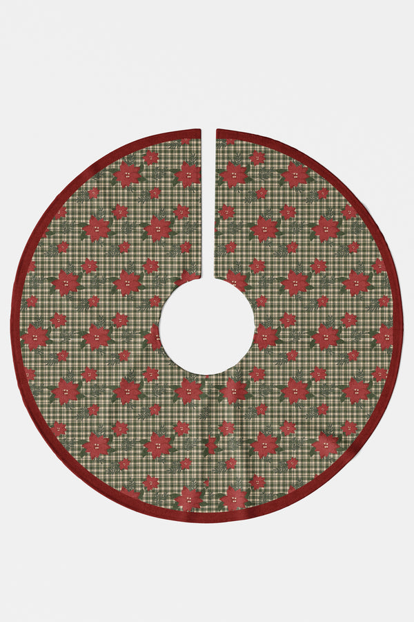 Yeşil Ekose Poinsettia Çiçek Desenli Yılbaşı Çam Ağacı Örtüsü